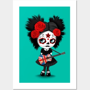 Sugar Skull Girl Playing Union Jack British Flag Guitar Posters and Art